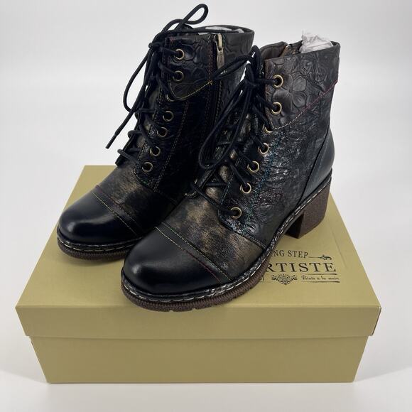 Spring Step By L'Artiste Leather Lace-Up Boots Black Sz 35 - Picture 1 of 6